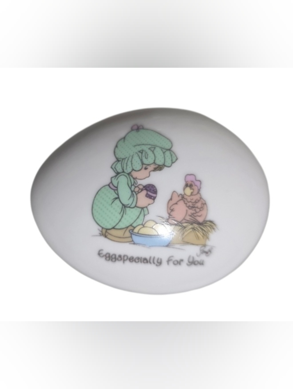 Enesco Pastel Green Girl & Chick Porcelain Egg Trinket
